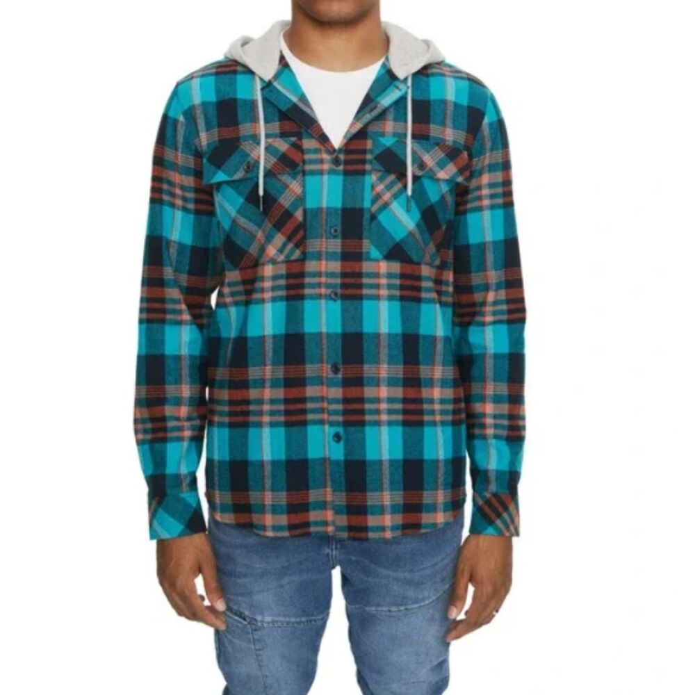Eleven Paris Men's Hooded Plaid Shirt Jacket - Columbia Plaid - Size S